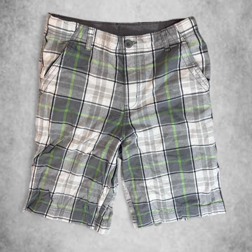 Faded Glory Plaid Shorts Womens 16 Grey Lime Green Y2K Skater Streetwear Knee